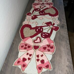Valentine's Day Beaded Table Runner Pink Red & White Bows Cherries & Heart Print